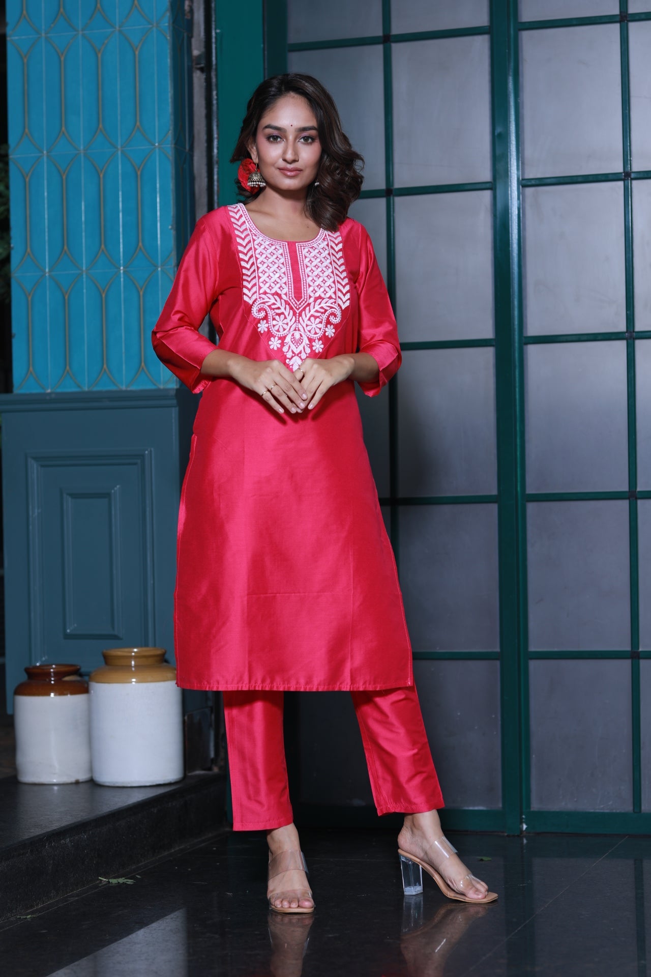 Hot Pink Embroidered Cotton Silk Kurta Set