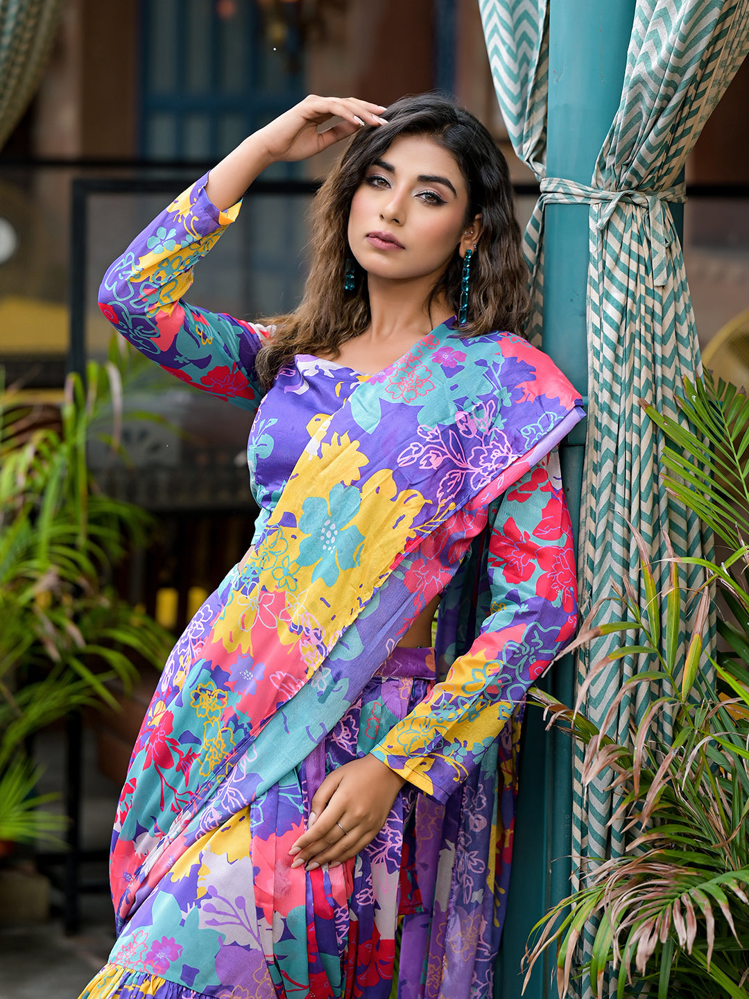 Purple Digital printed Ready To Wear Saree