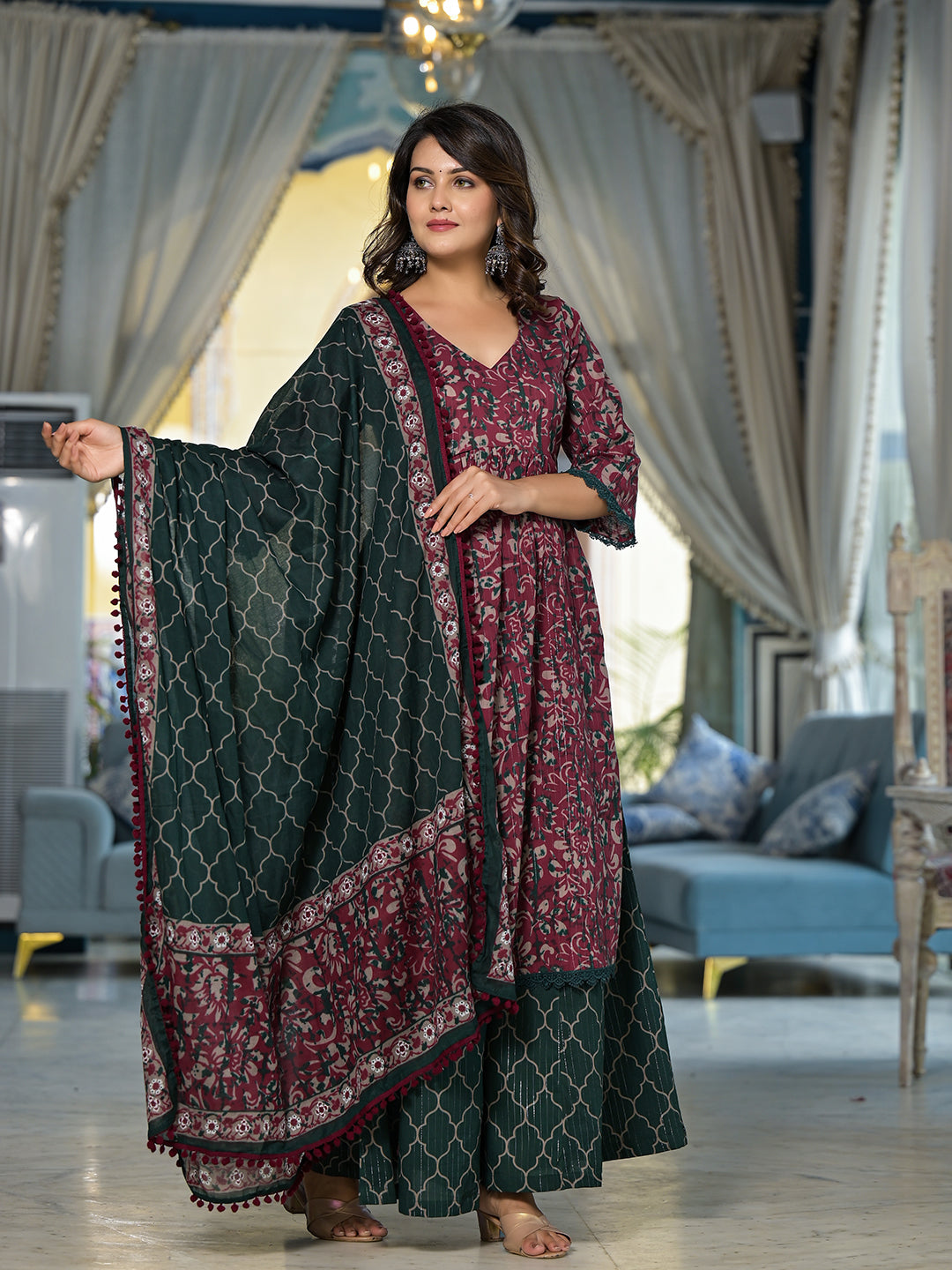 Maroon Floral Print Kurta Palazzo With Dupatta