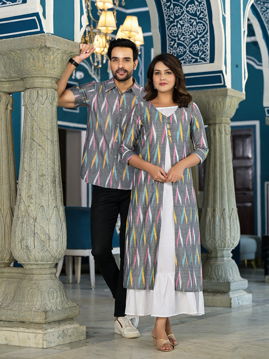 Grey & Off White Ikat Printed Couple Combo Set