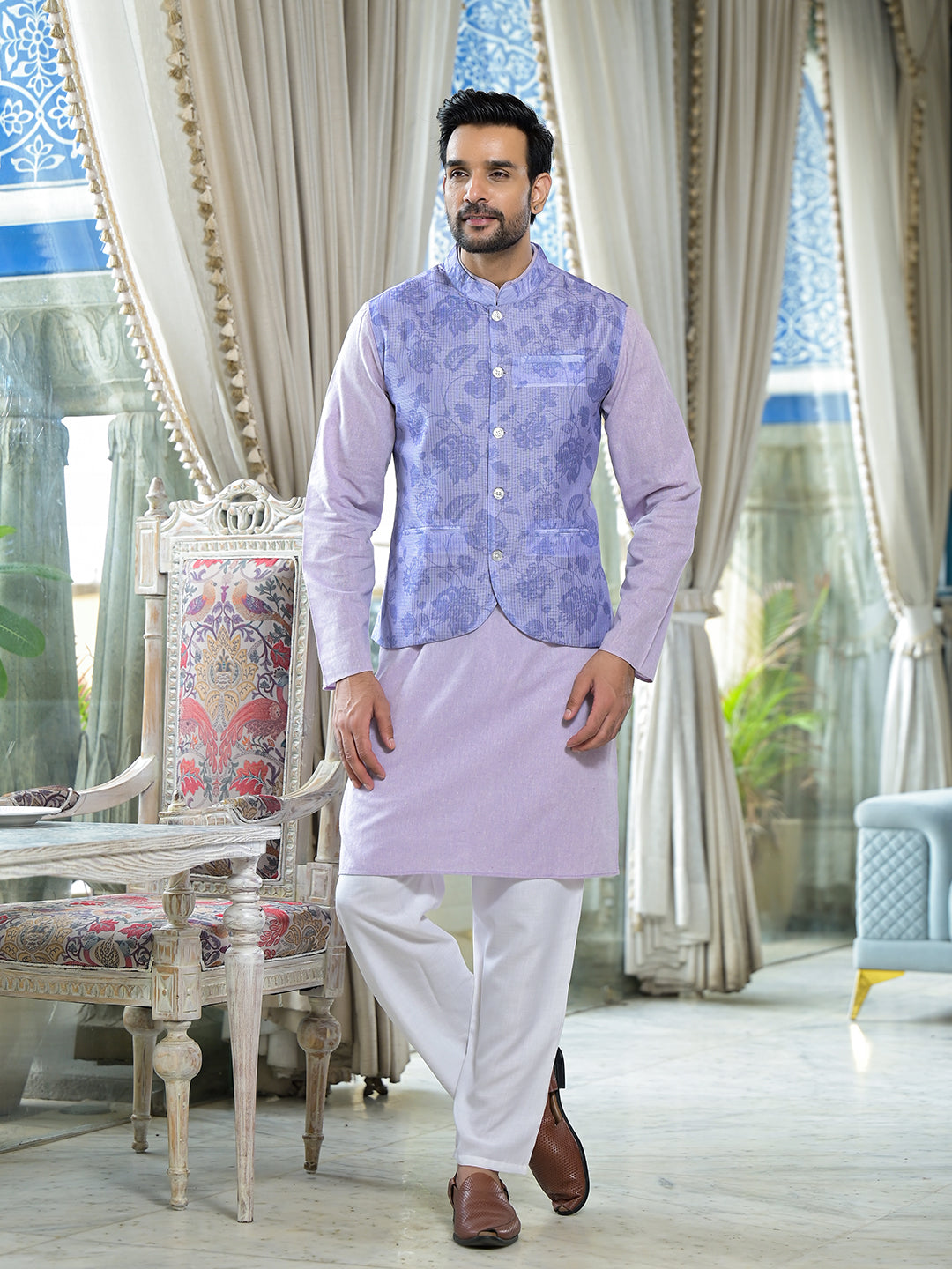 Lilac Color Floral print nehru jacket set