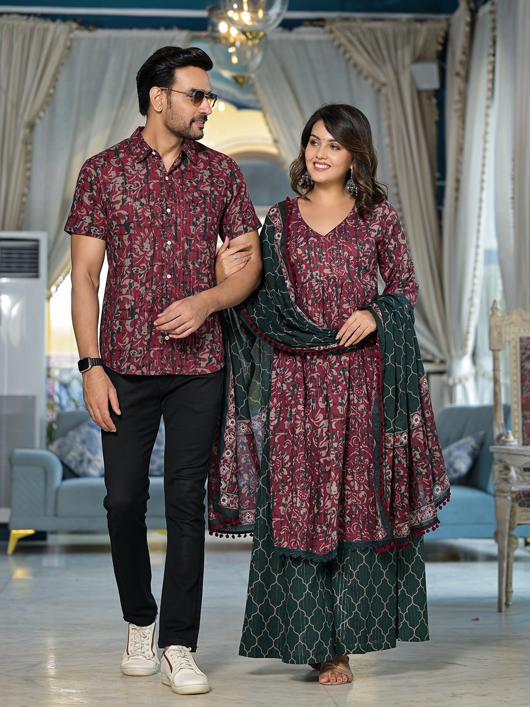 Maroon floral print Couple Combo Set