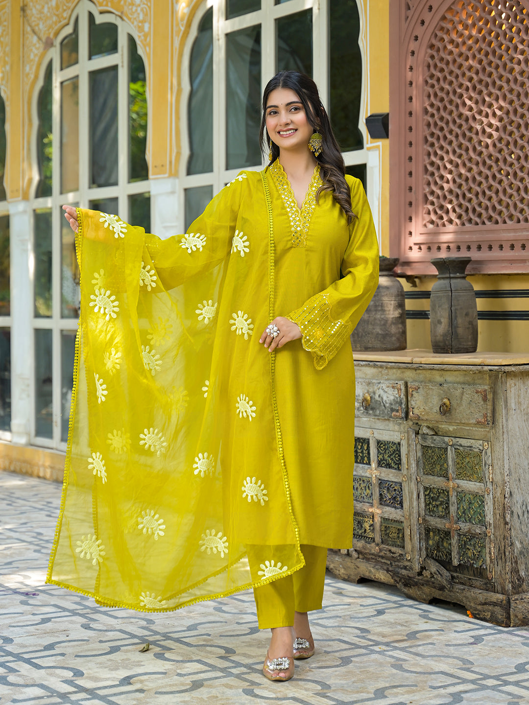 Lime Green Embroidered Pakistani Kurta Set With Embroidered Dupatta