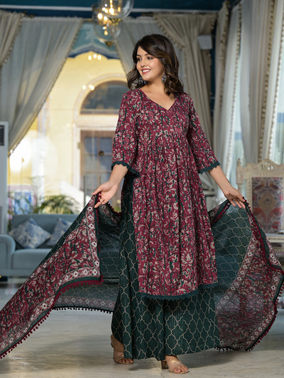 Maroon Floral Print Kurta Palazzo With Dupatta