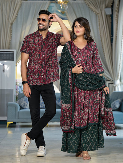 Maroon floral print Couple Combo Set