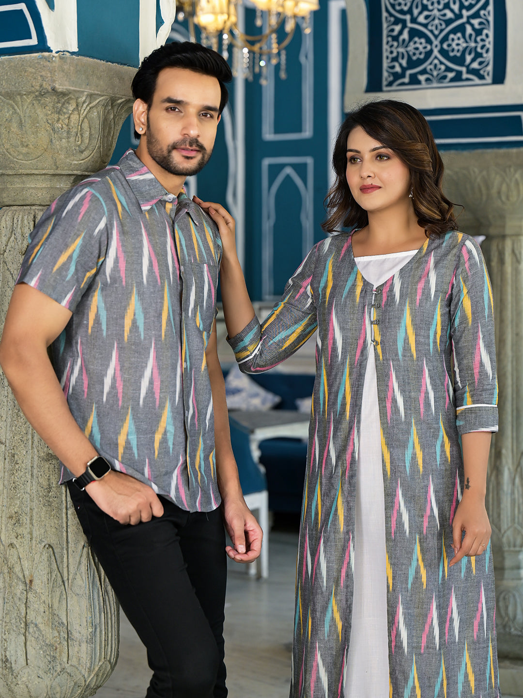 Grey & Off White Ikat Printed Couple Combo Set