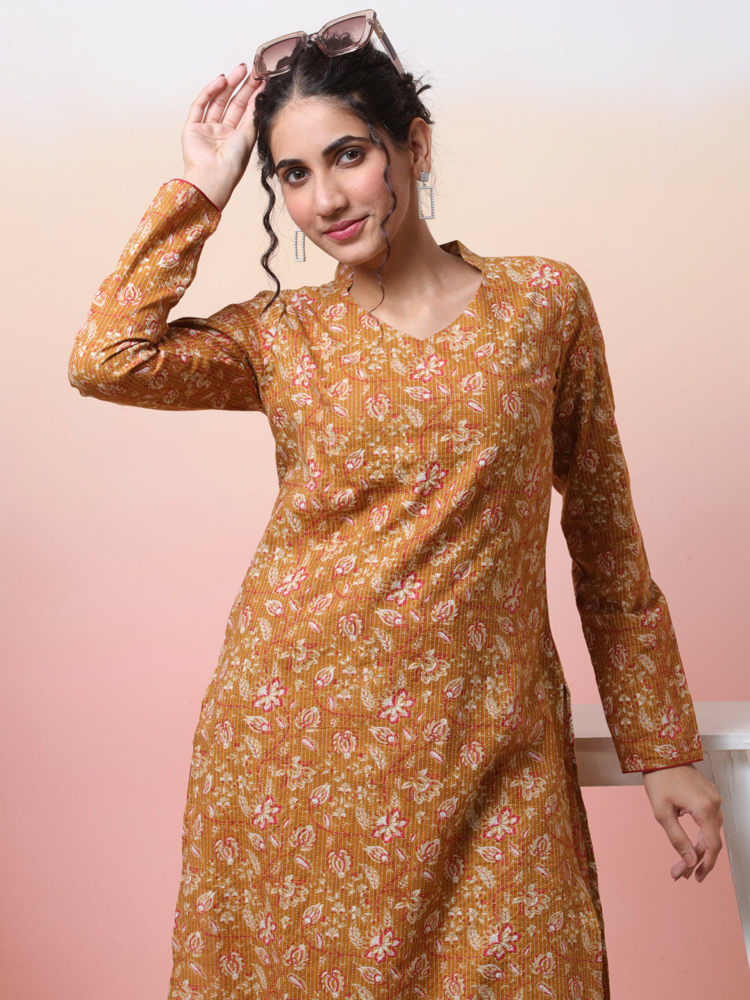 Mustard kantha weave kantha kurta