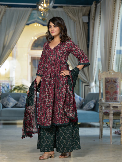 Maroon Floral Print Kurta Palazzo With Dupatta