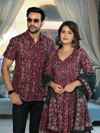 Maroon floral print Couple Combo Set