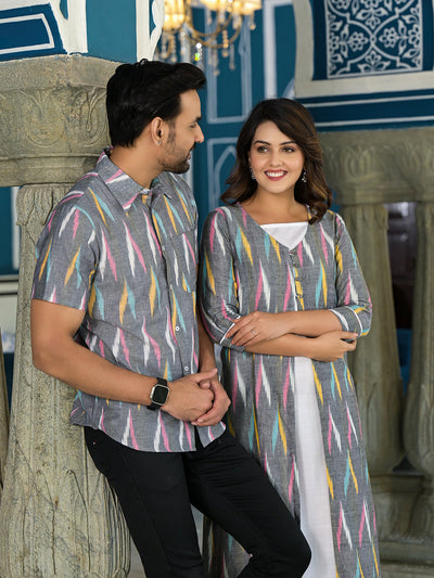 Grey & Off White Ikat Printed Couple Combo Set