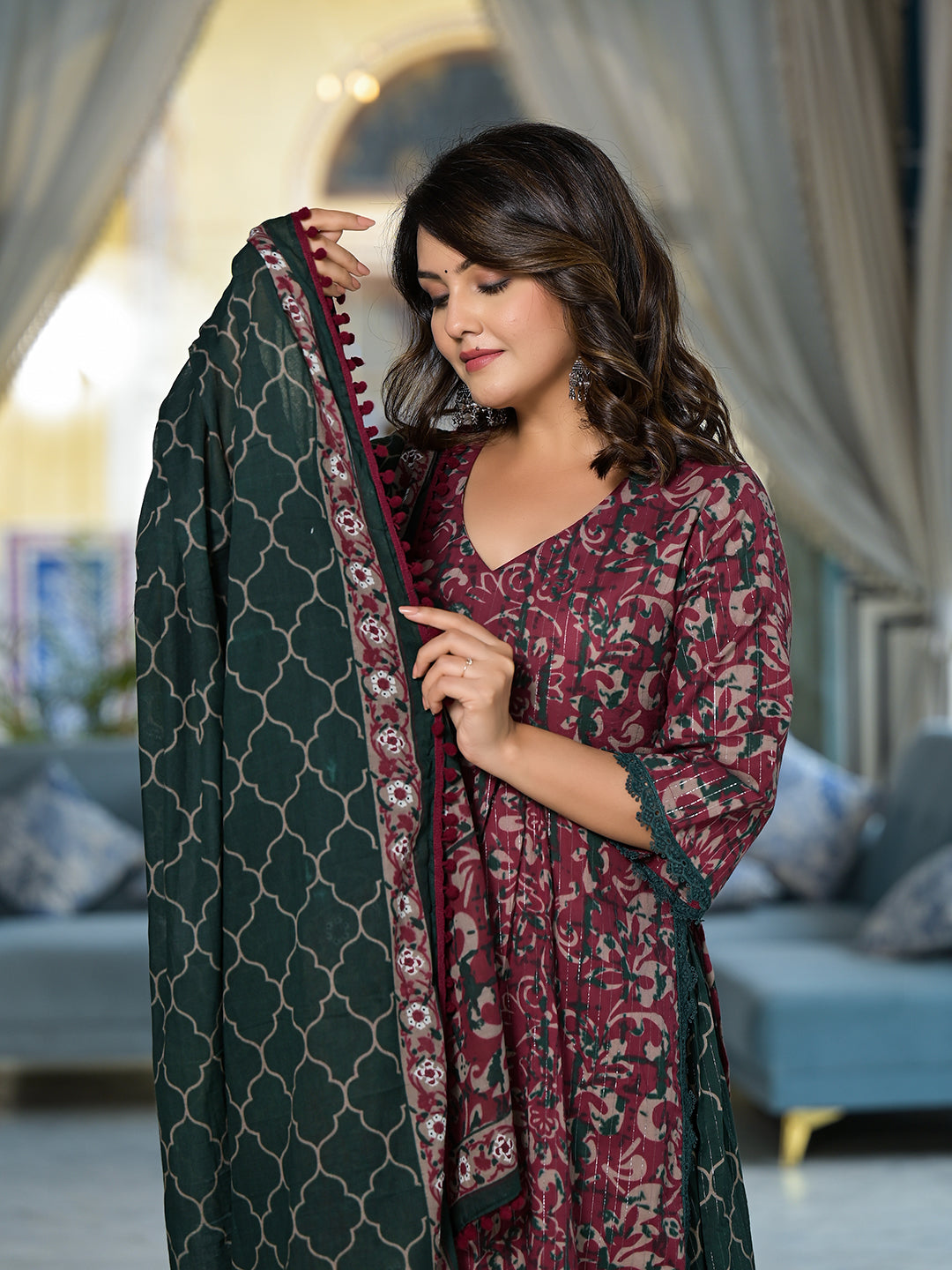 Maroon Floral Print Kurta Palazzo With Dupatta