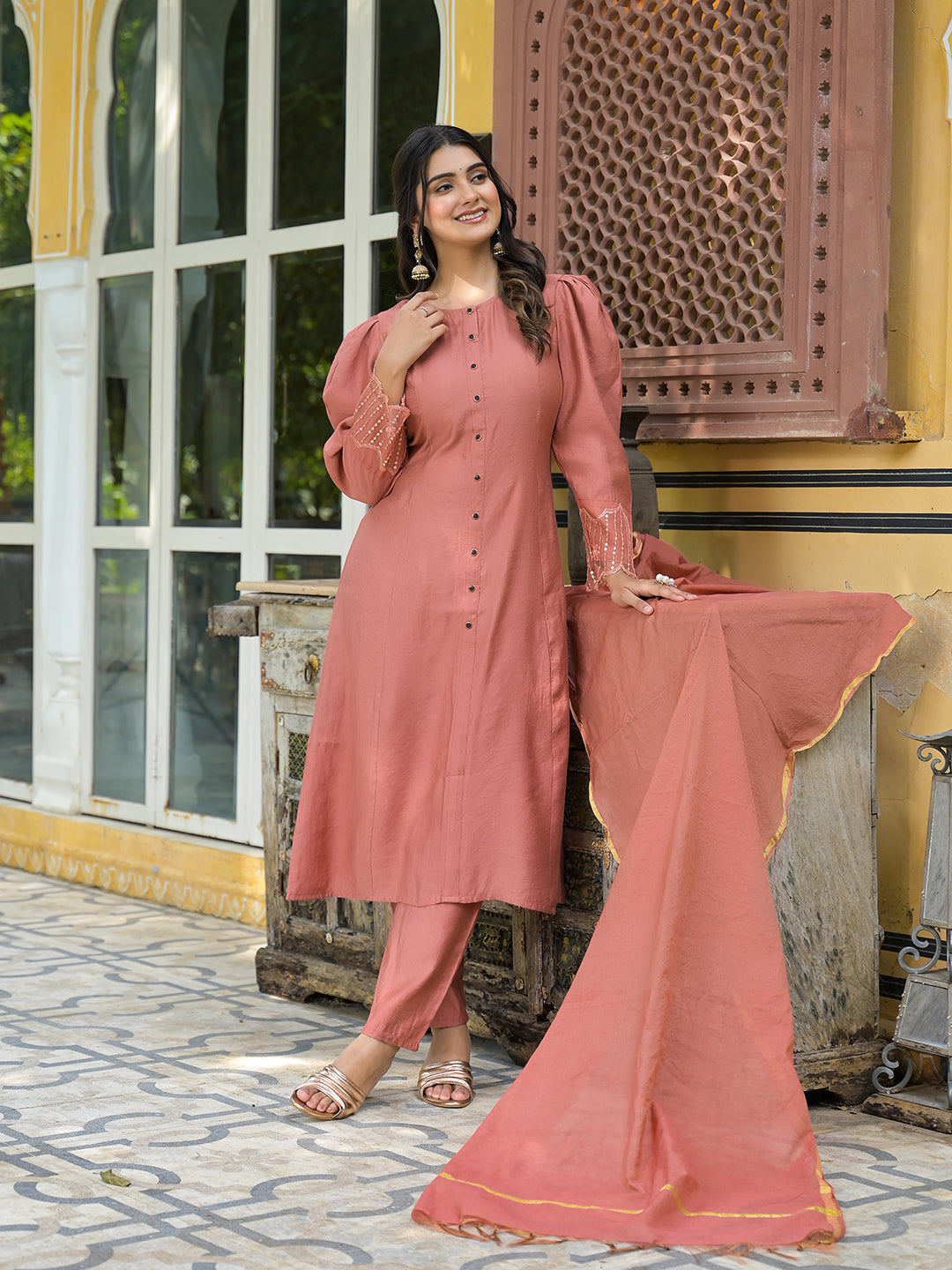 Brick Red A-Line Kurta Set With Dupatta