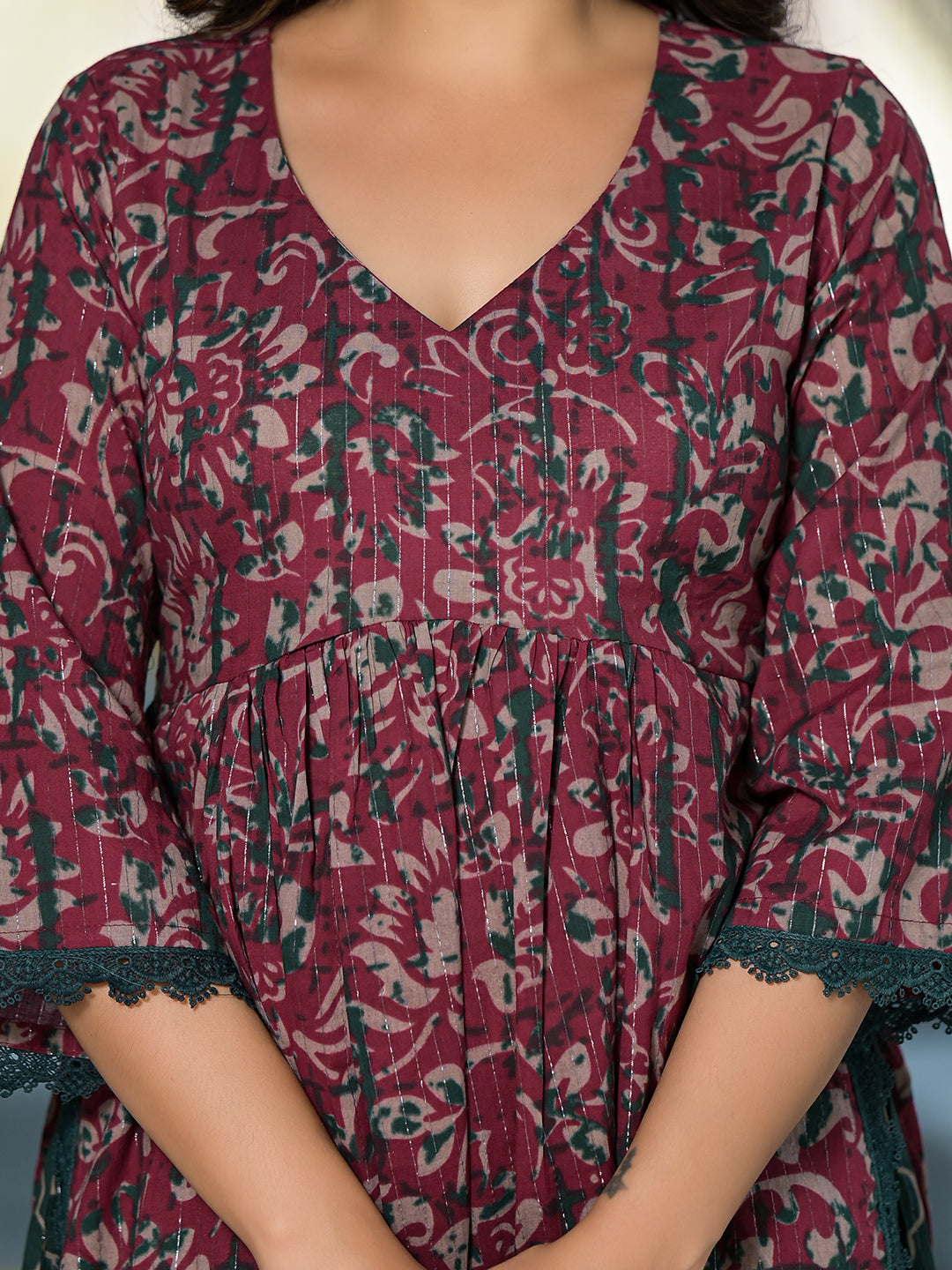 Maroon Floral Print Kurta Palazzo With Dupatta