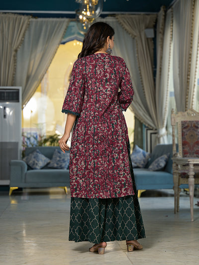 Maroon Floral Print Kurta Palazzo With Dupatta