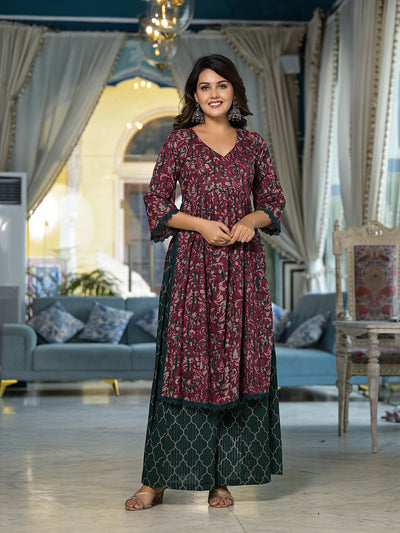 Maroon Floral Print Kurta Palazzo With Dupatta