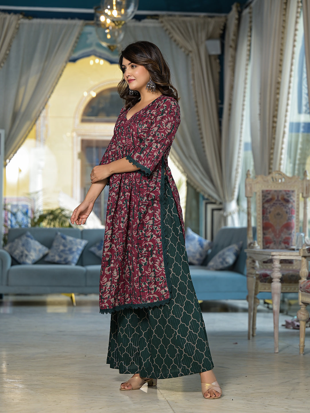 Maroon Floral Print Kurta Palazzo With Dupatta