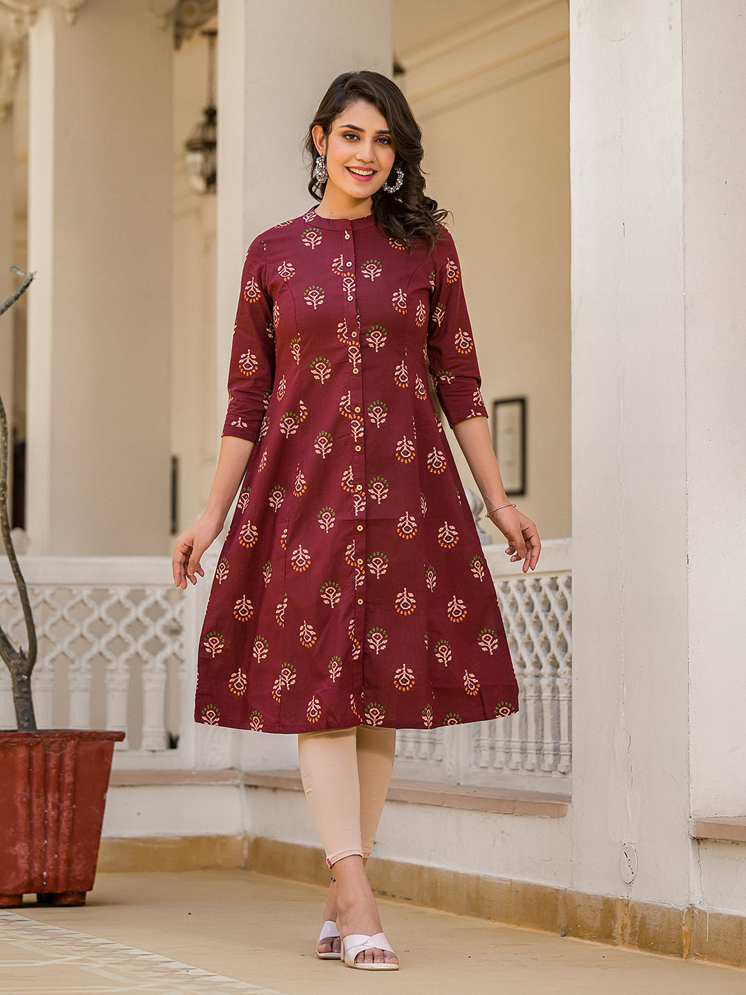 Maroon Button Down A-Line Kurta