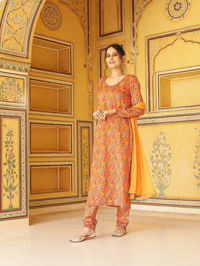 Orange Floral Print Anarkali Churidar With Dupatta