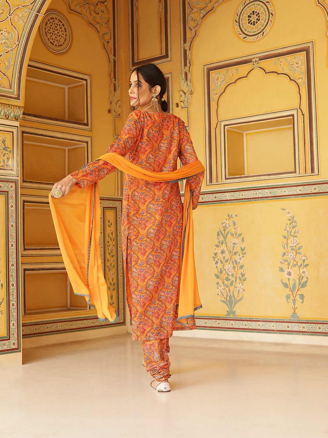 Orange Floral Print Anarkali Churidar With Dupatta