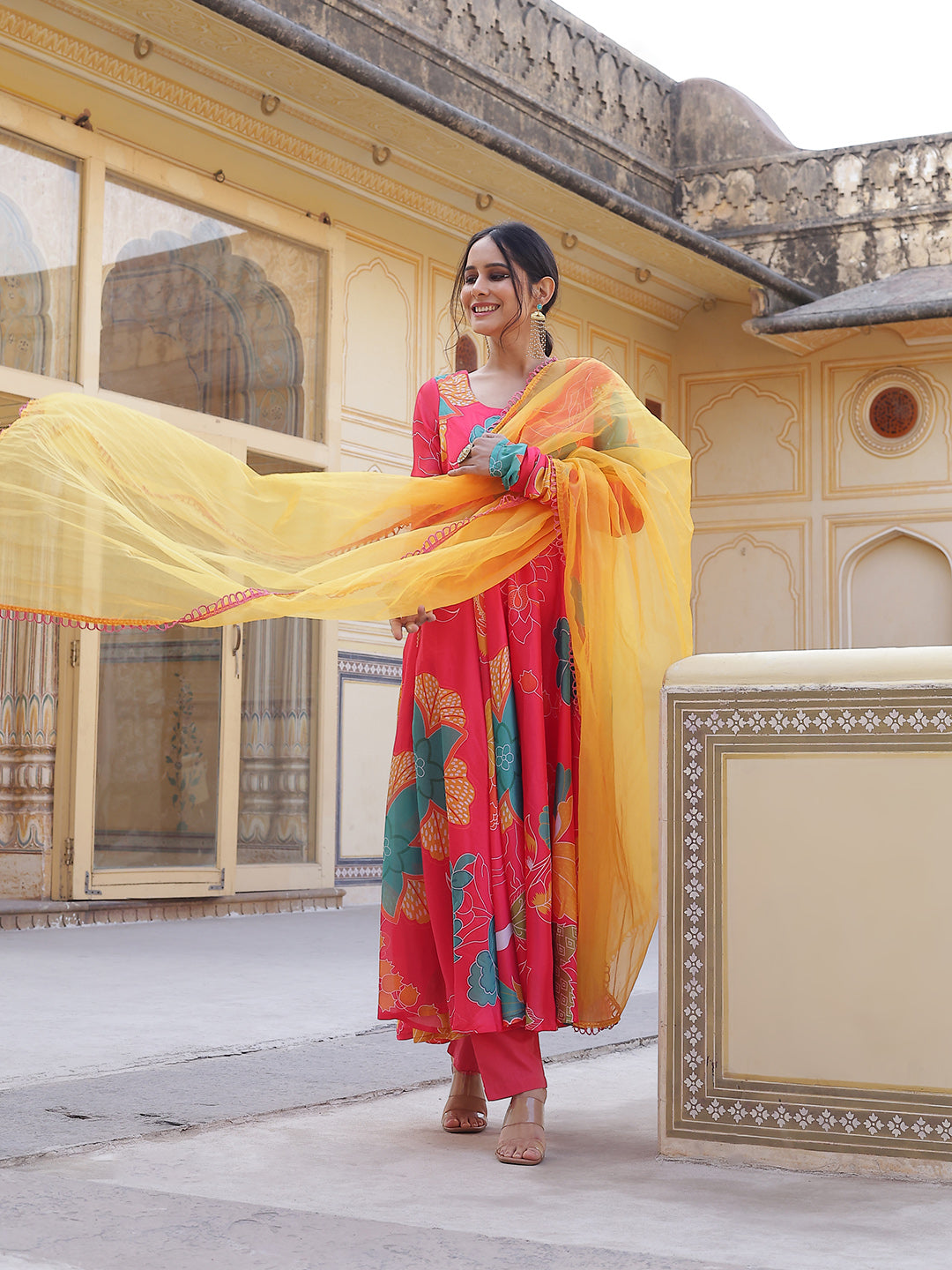 Coral Floral Print Anarkali Pant With Dupatta