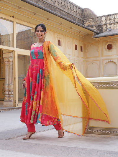 Coral Floral Print Anarkali Pant With Dupatta