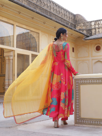 Coral Floral Print Anarkali Pant With Dupatta