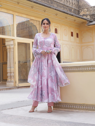 Pink Floral Print Anarkali Pant With Dupatta