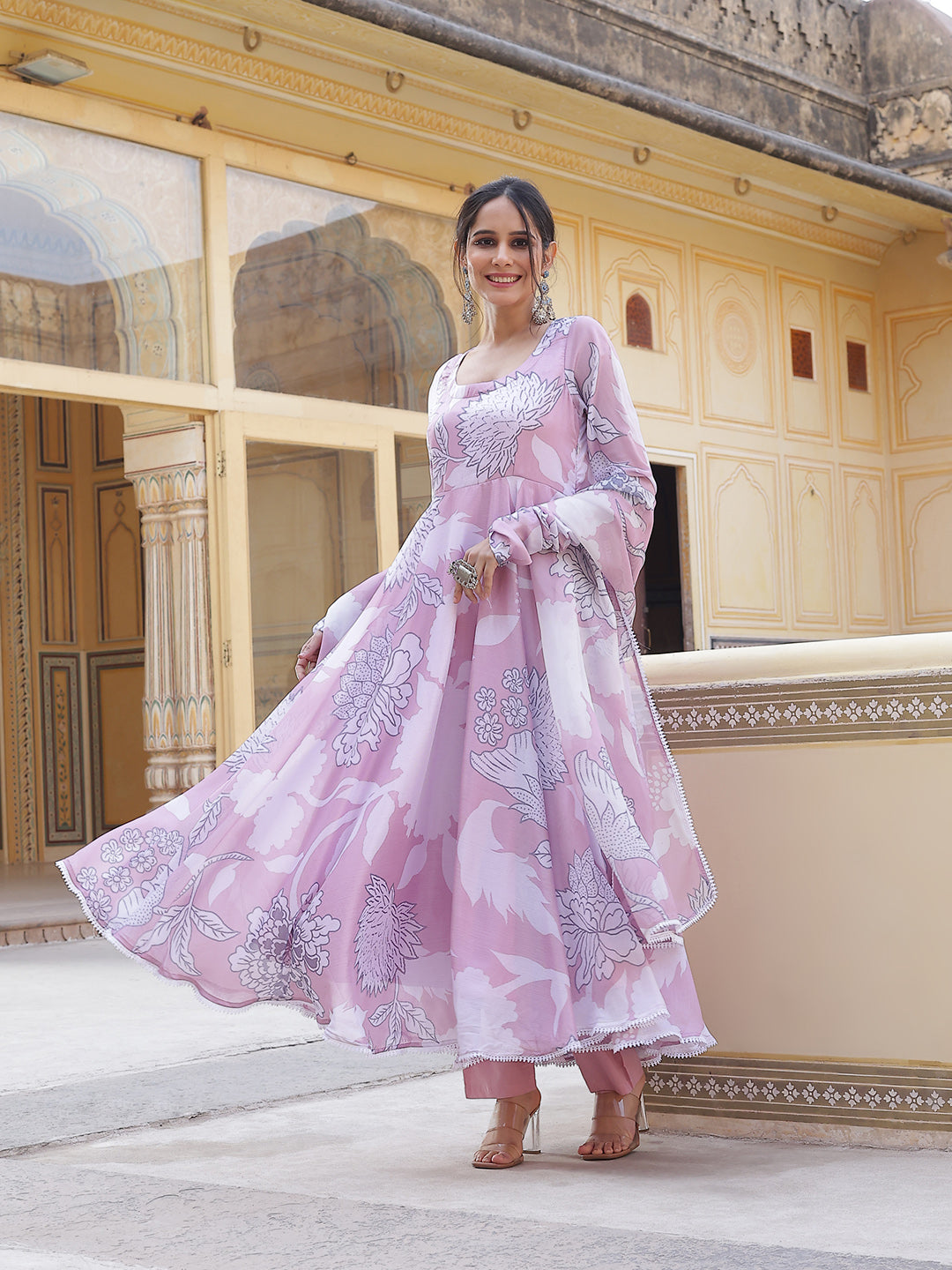 Pink Floral Print Anarkali Pant With Dupatta