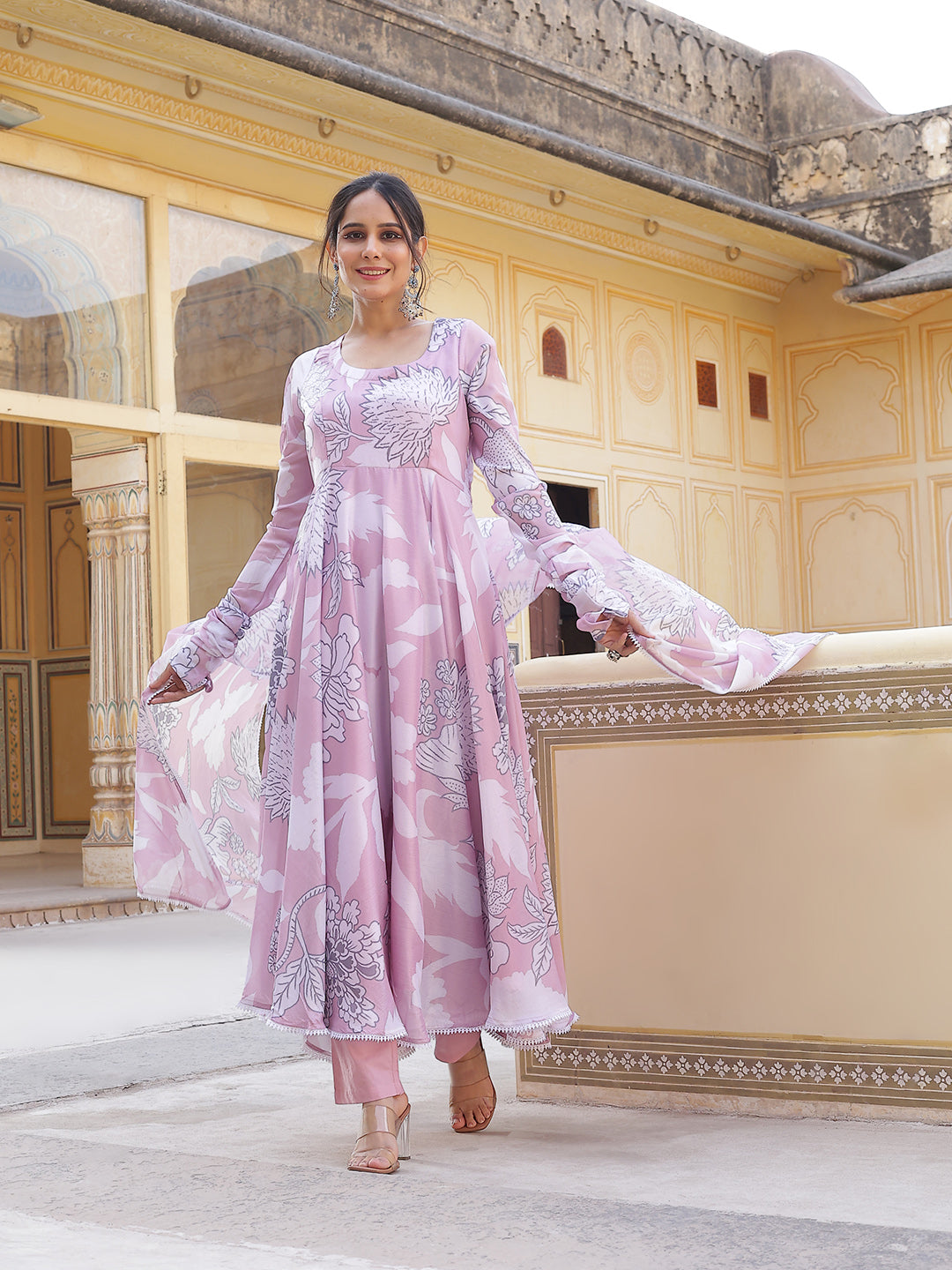 Pink Floral Print Anarkali Pant With Dupatta