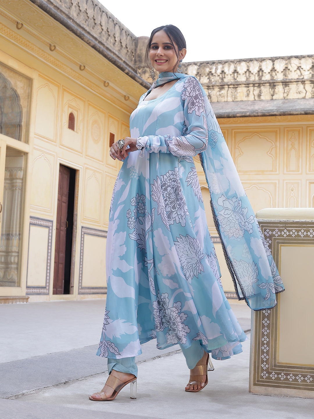 Blue & White Floral Print Anarkali Pant With Dupatta