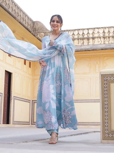 Blue & White Floral Print Anarkali Pant With Dupatta