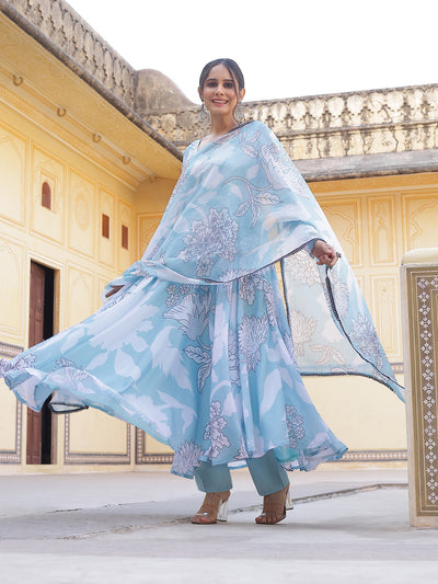 Blue & White Floral Print Anarkali Pant With Dupatta