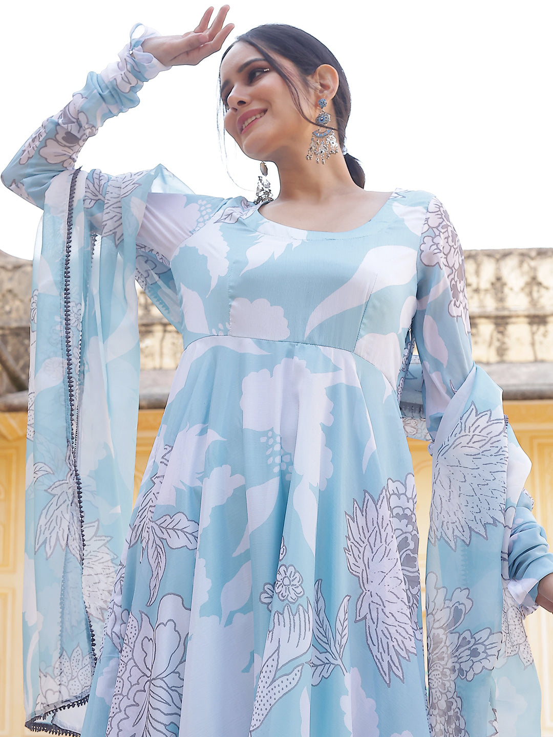 Blue & White Floral Print Anarkali Pant With Dupatta