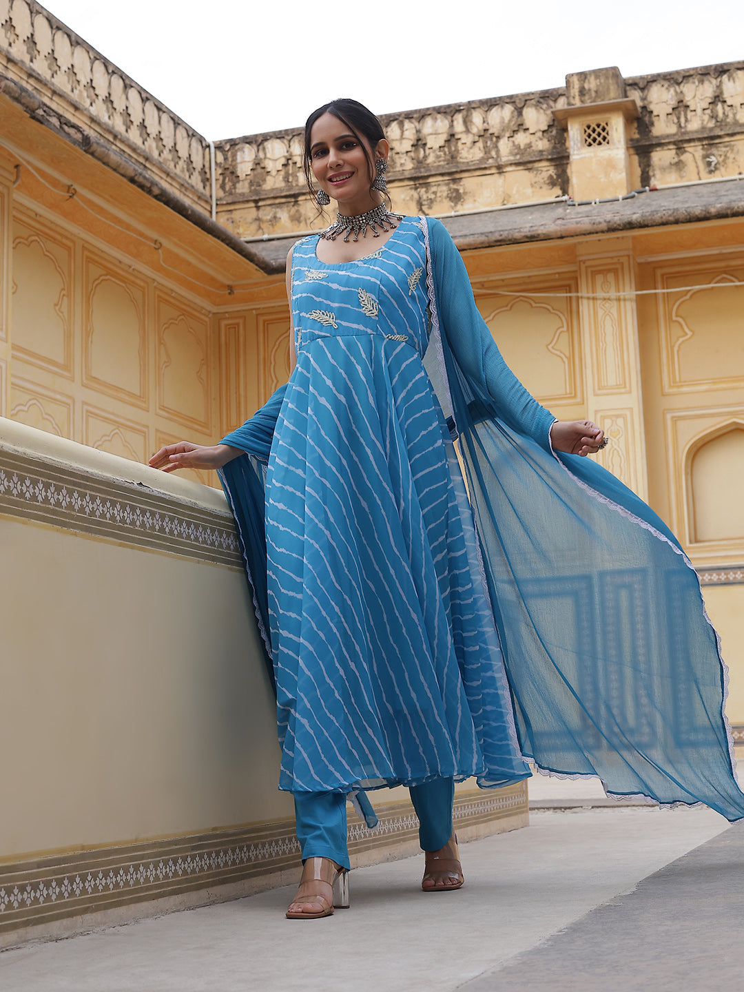 Blue Leheriya Print Anarkali Pant With Dupatta