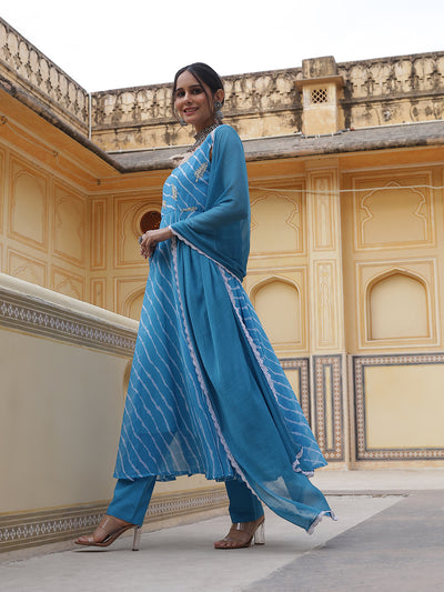 Blue Leheriya Print Anarkali Pant With Dupatta