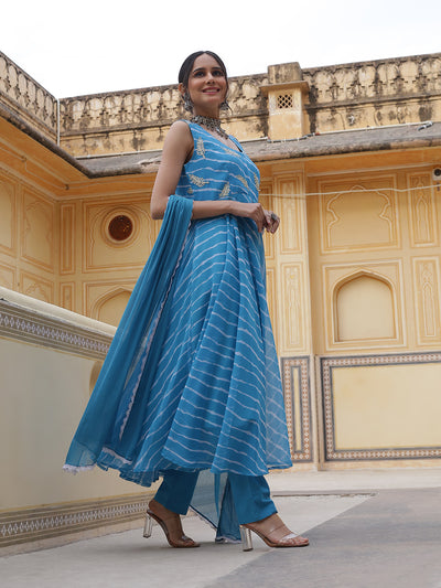 Blue Leheriya Print Anarkali Pant With Dupatta