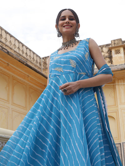 Blue Leheriya Print Anarkali Pant With Dupatta