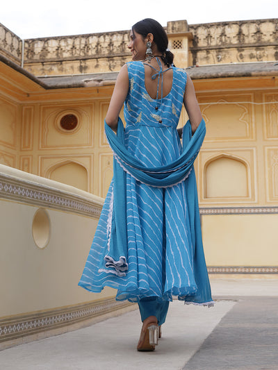 Blue Leheriya Print Anarkali Pant With Dupatta