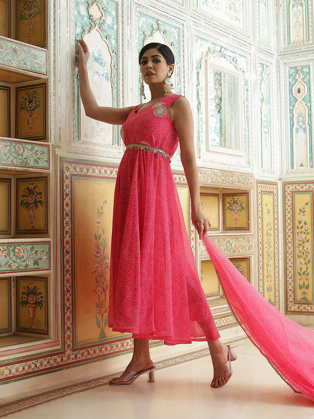 Pink Bandhani Print Anarkali Pant With Dupatta