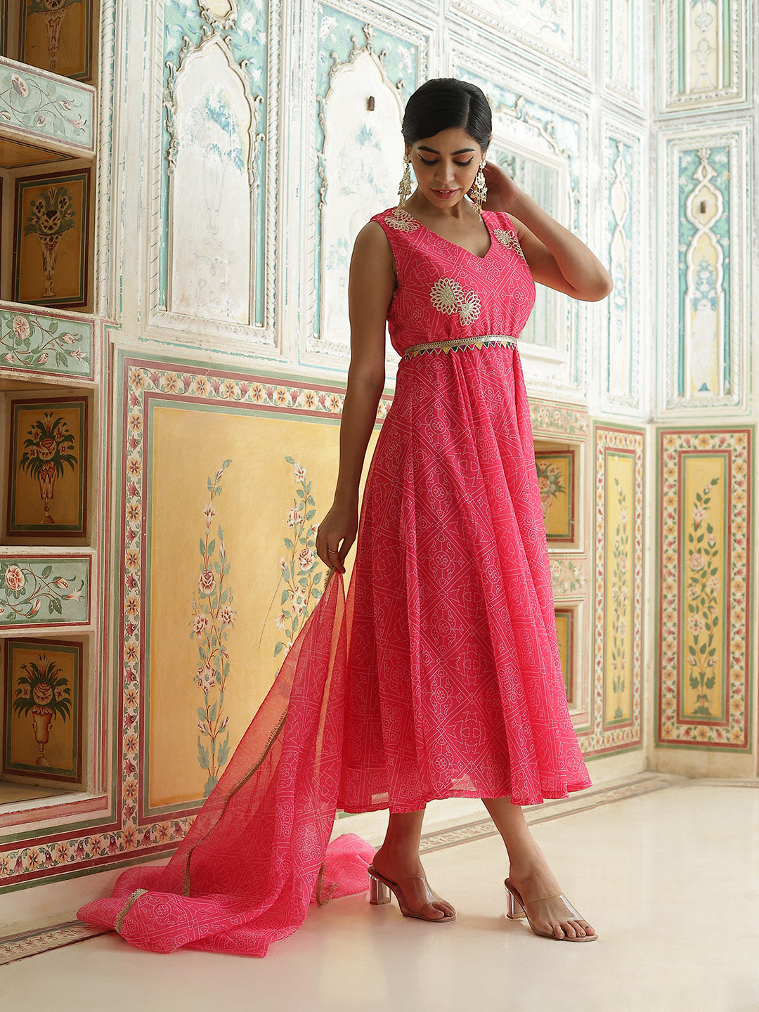 Pink Bandhani Print Anarkali Pant With Dupatta