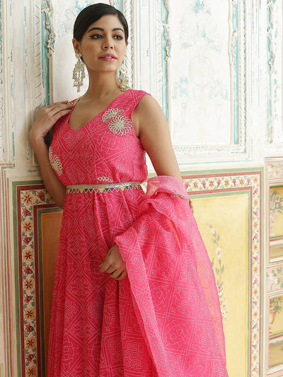 Pink Bandhani Print Anarkali Pant With Dupatta