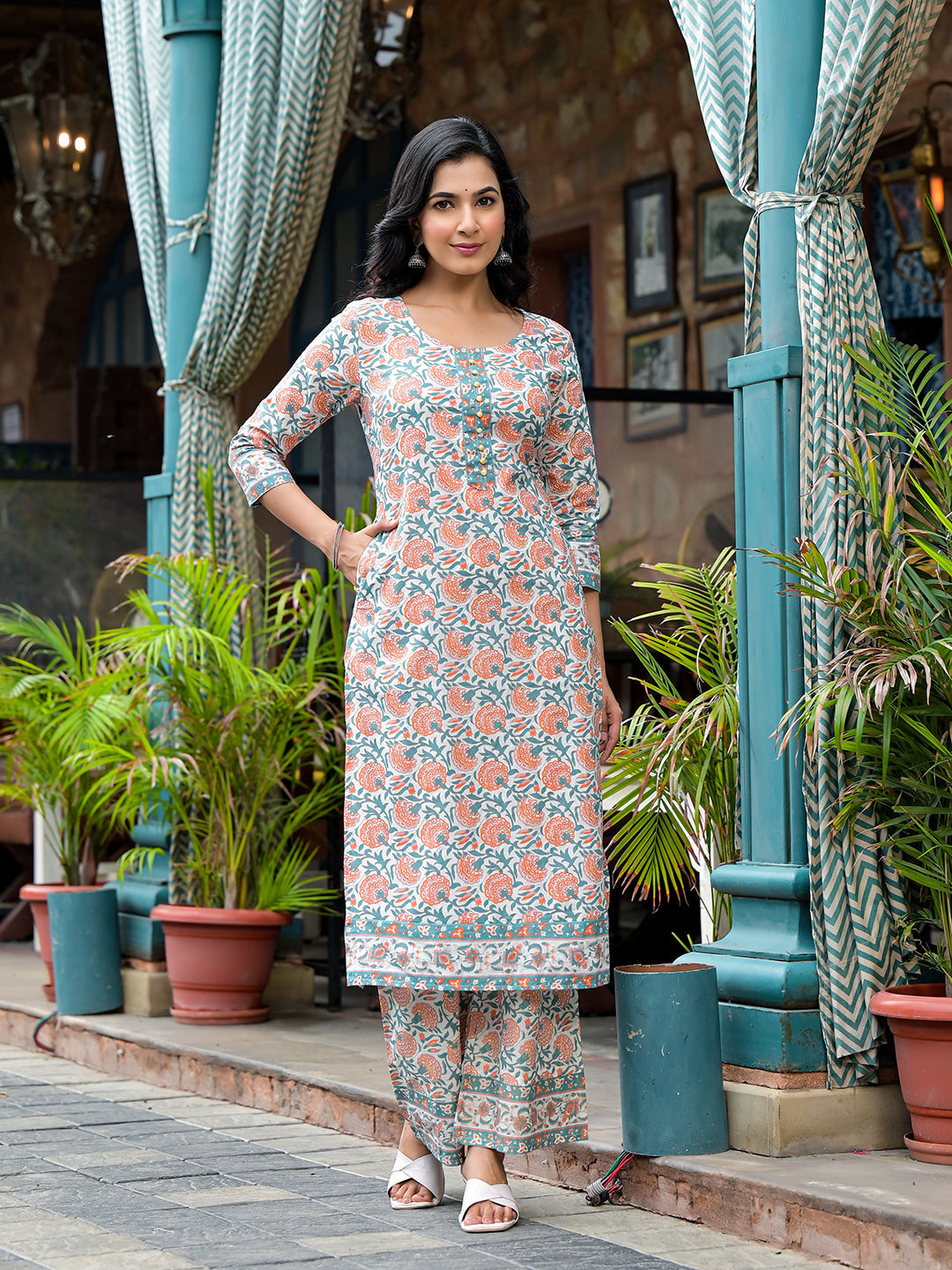 White Mughal Print Kurta Set with Palazzo