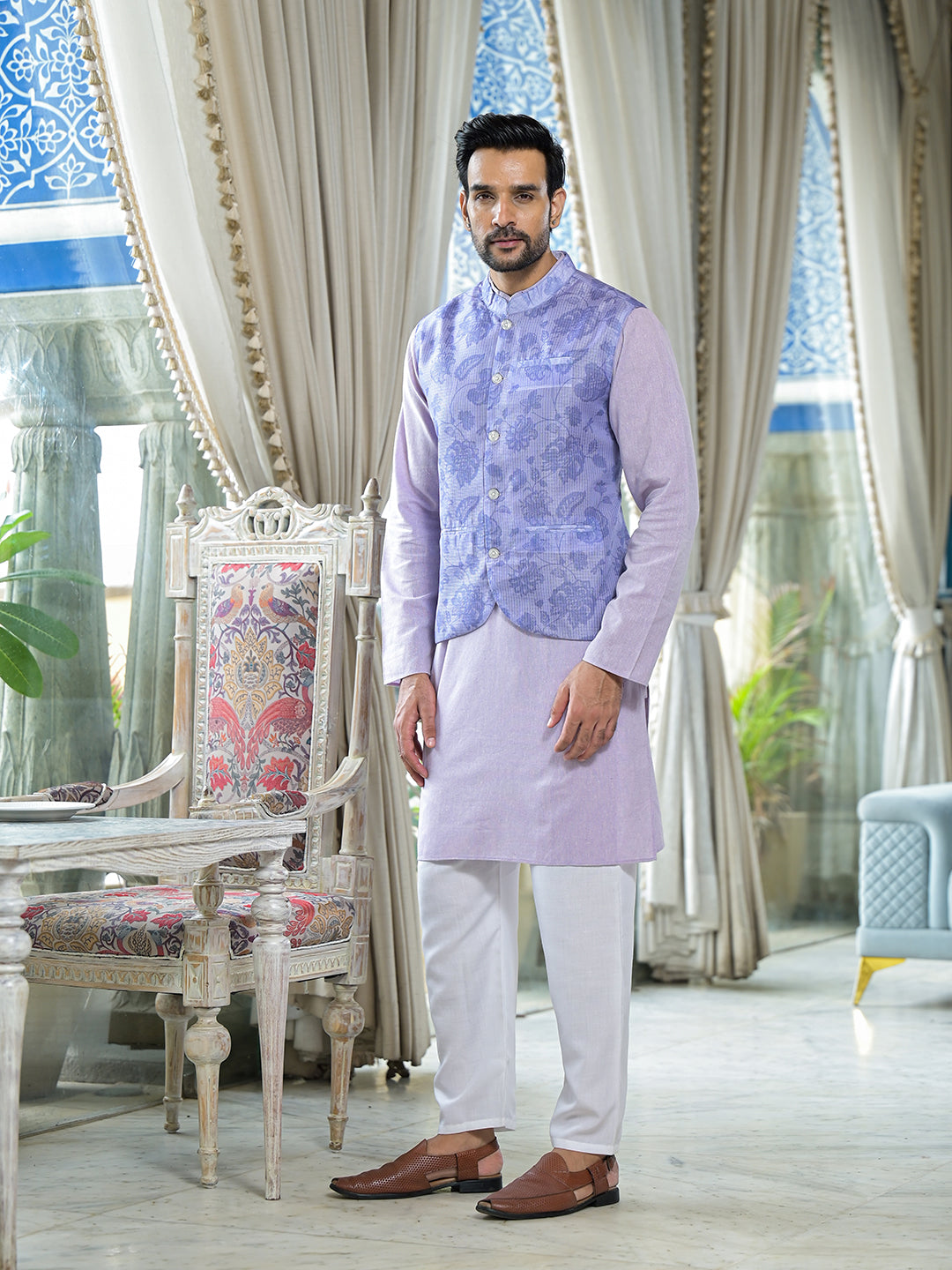 Lilac Color Floral print nehru jacket set