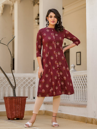 Maroon Button Down A-Line Kurta