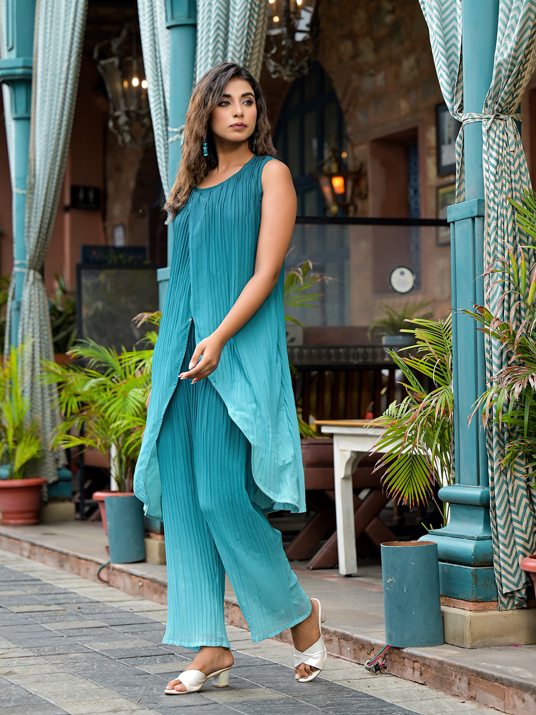 Green Ombre pleated Wrap Kurta Set