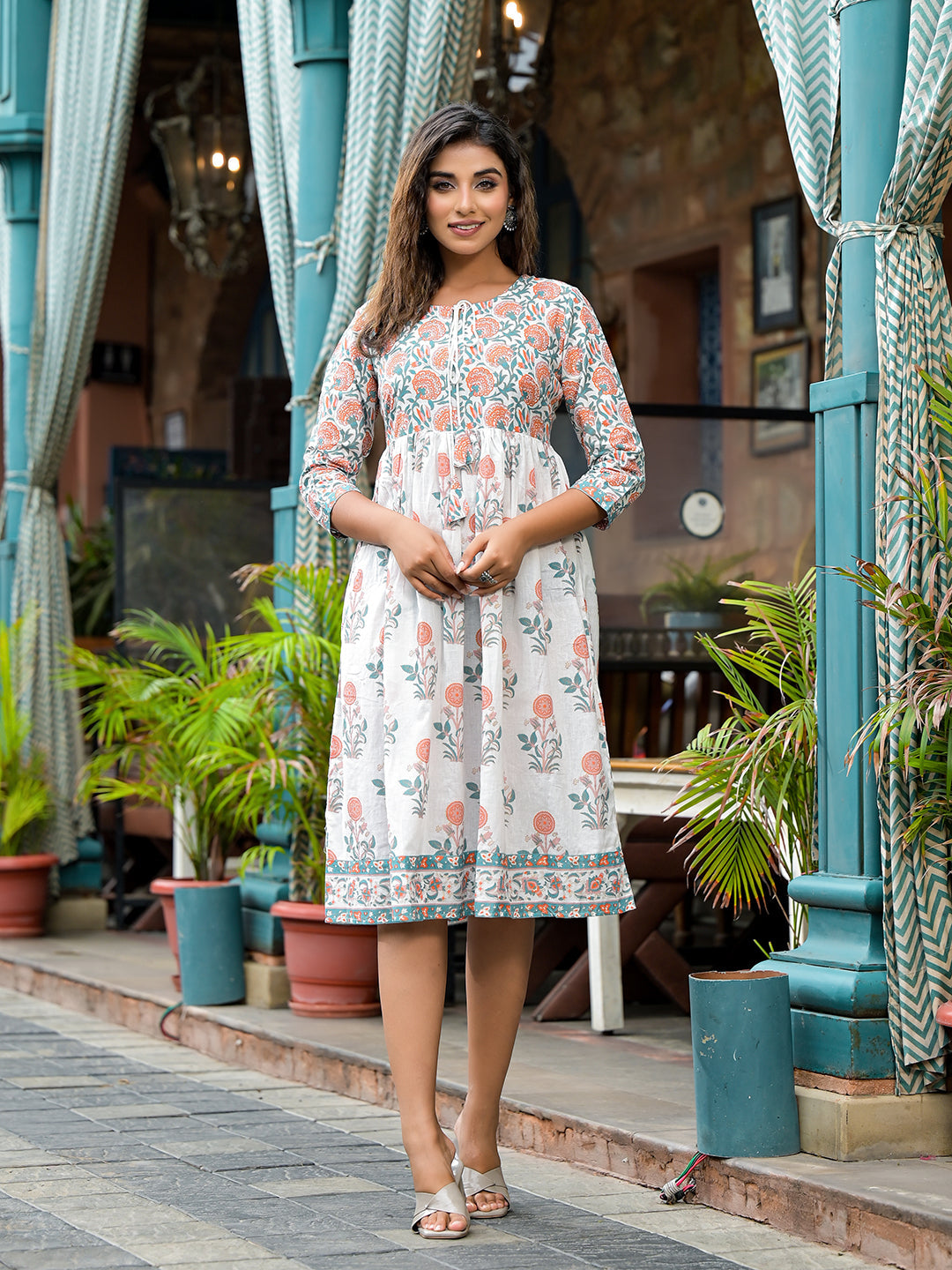 White Mughal Print A-Line Dress