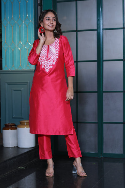 Hot Pink Embroidered Cotton Silk Kurta Set