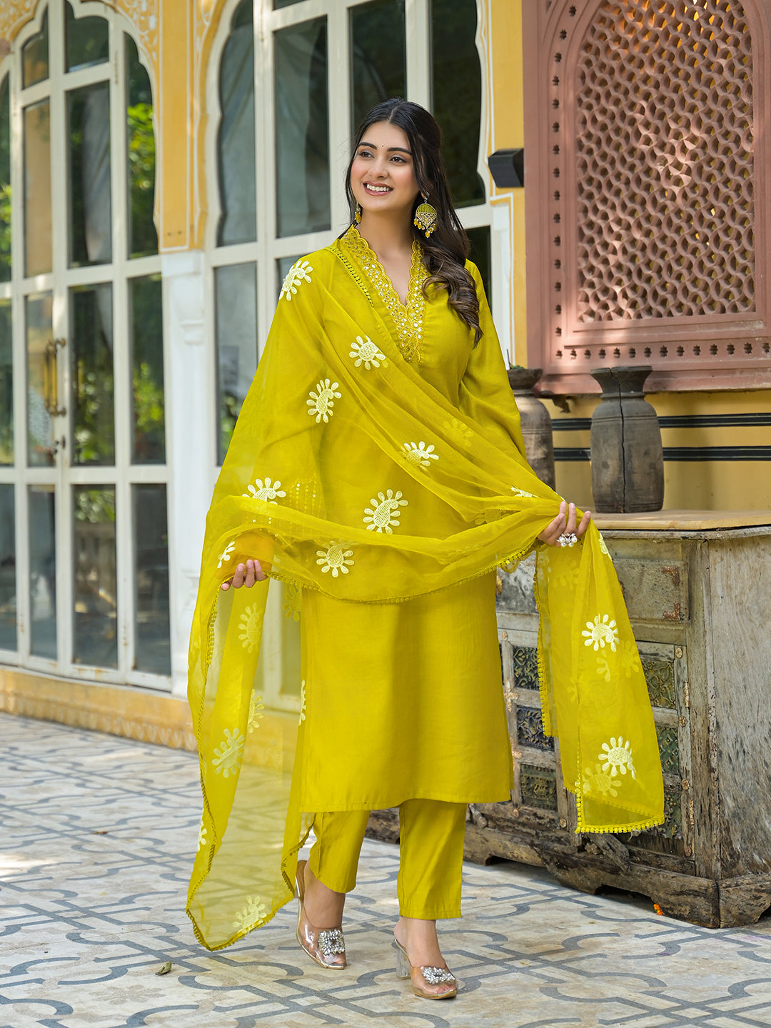 Lime Green Embroidered Pakistani Kurta Set With Embroidered Dupatta