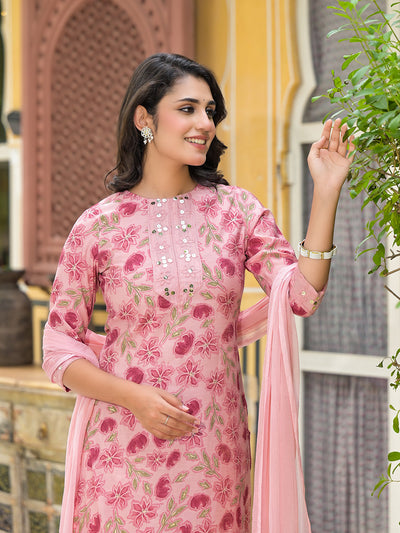 Blush Pink Floral Kurta Set With Dupatta