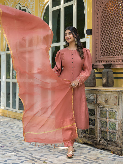 Brick Red A-Line Kurta Set With Dupatta